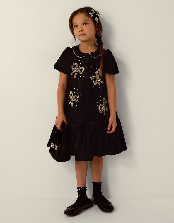 Mara Sequin Bow Velvet Swing Dress, Black (BLACK), large