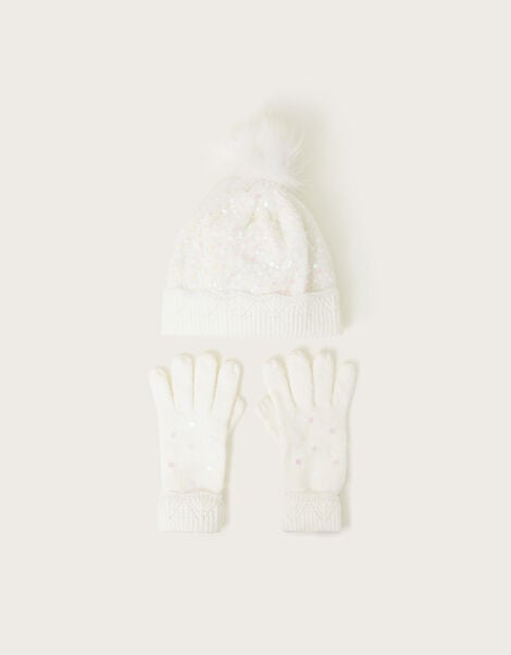 Lizzie Sequin Hat and Gloves Set, Ivory (IVORY), large