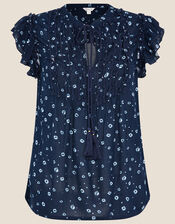 Circle Print Ruffle Bib Top, Blue (NAVY), large