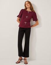 Brooke Diamanté Bow Ponte Top, Red (BURGUNDY), large