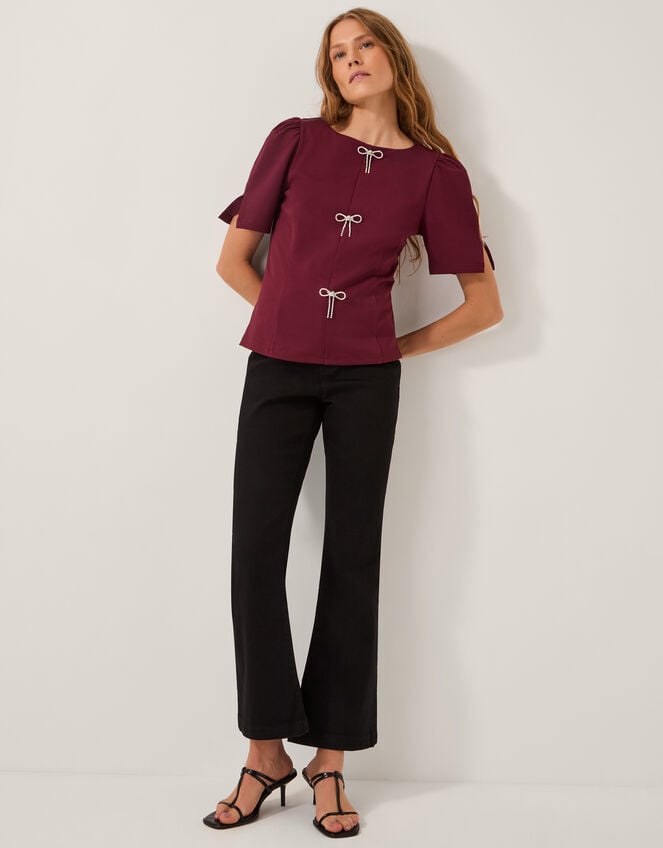 Brooke Diamanté Bow Ponte Top, Red (BURGUNDY), large