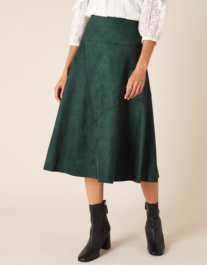 Suedette Midi Skirt with Recycled Fabric, Green (DARK GREEN), large