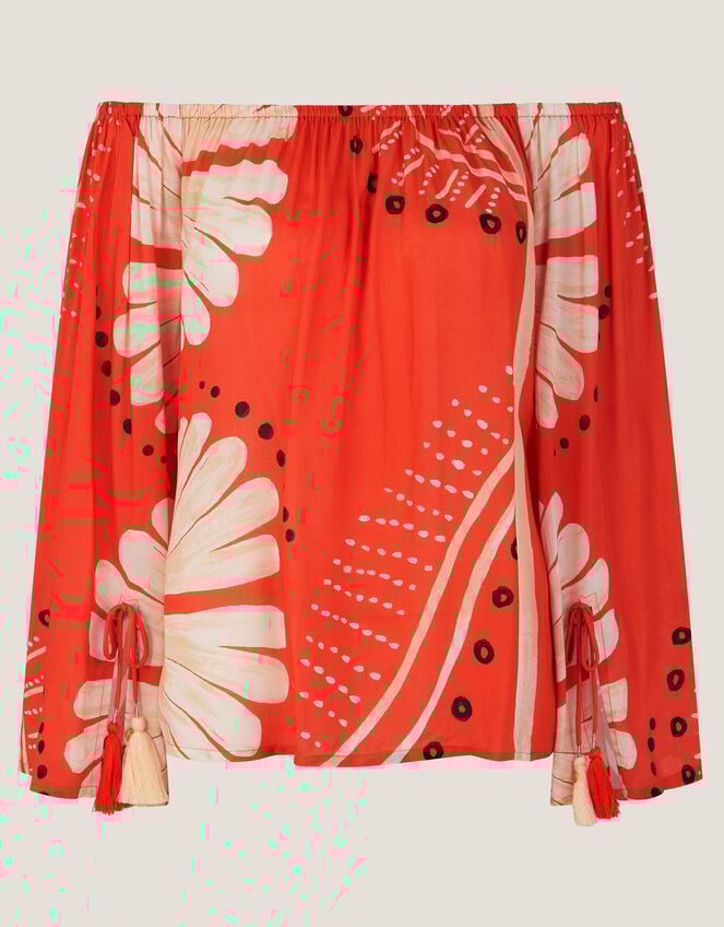 Nara Print Bardot Top, Orange (RUST), large