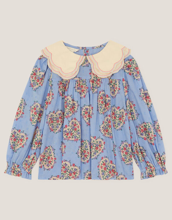 Heart Print Scallop Blouse, Blue (BLUE), large