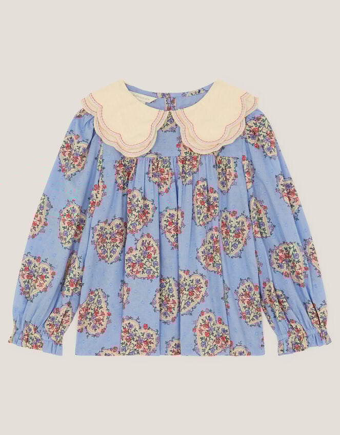 Heart Print Scallop Blouse, Blue (BLUE), large