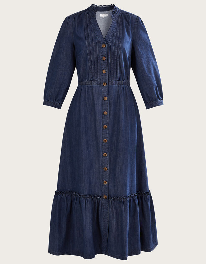 Denim Pintuck Tiered Midi Dress, Blue (DENIM BLUE), large