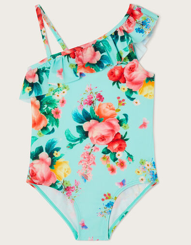 Floral Frill Swimsuit Blue, Blue (TURQUOISE), large