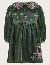 Baby Woodland Embroidered Velour Dress, Green (GREEN), large