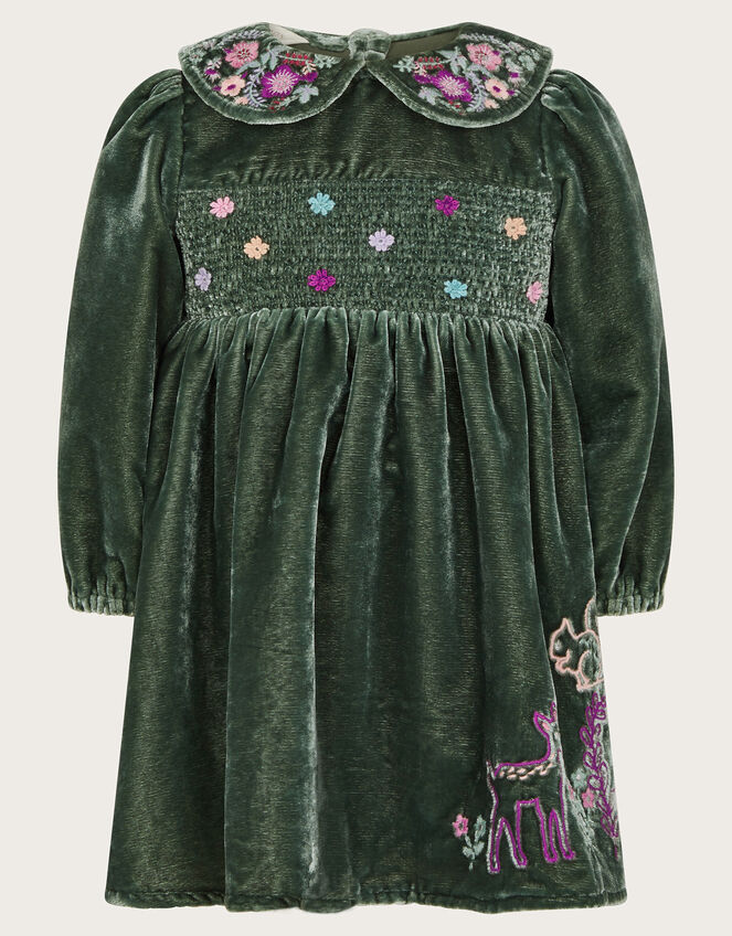 Baby Woodland Embroidered Velour Dress, Green (GREEN), large
