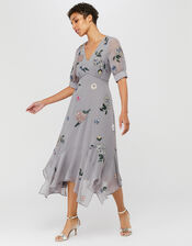 Harriette Embellished Hanky Hem Midi Dress, Gray (GREY), large