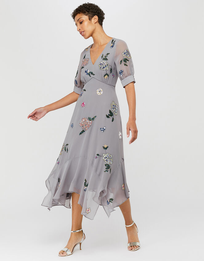 Harriette Embellished Hanky Hem Midi Dress, Gray (GREY), large