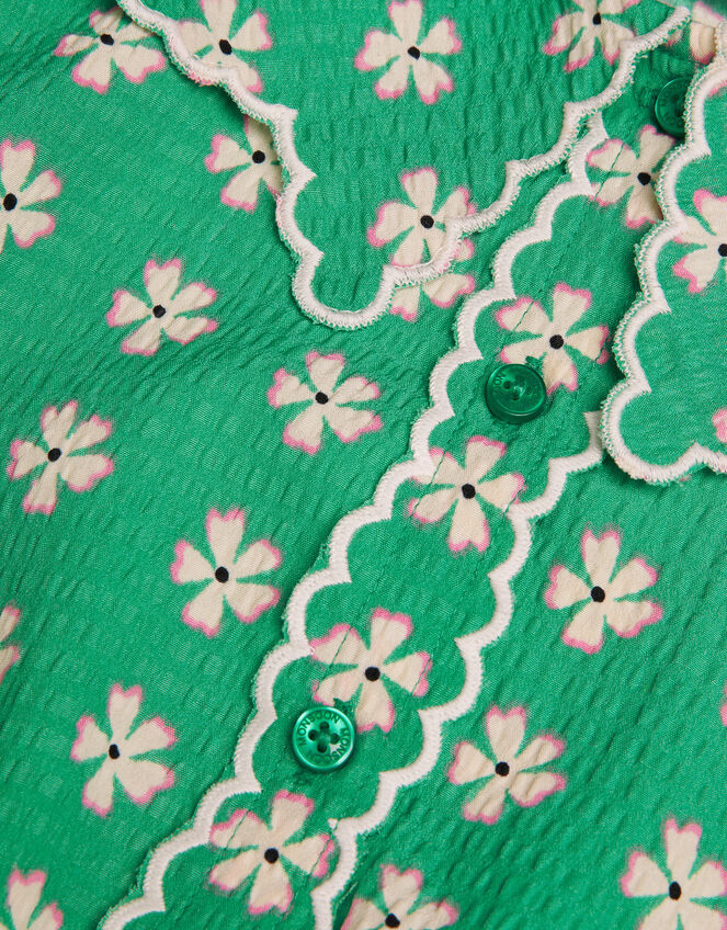Floral Puff Sleeve Collared Blouse, Green (GREEN), large