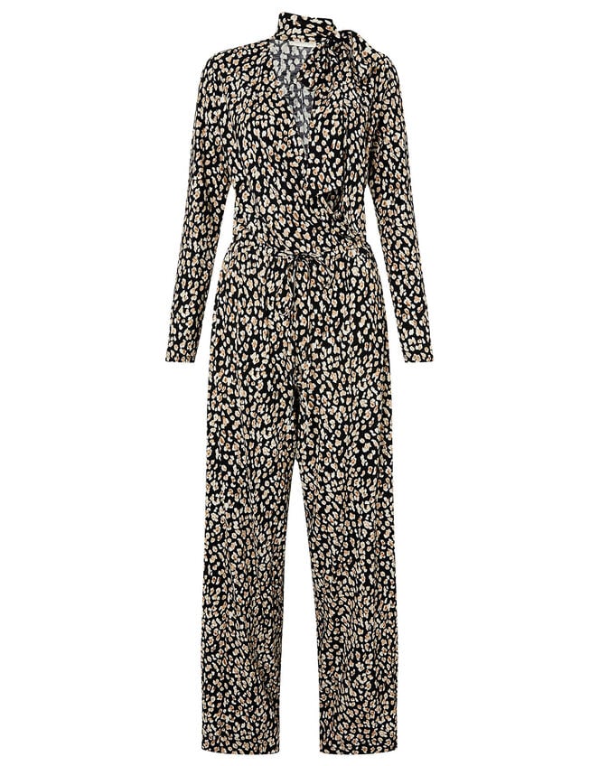 Amelia Animal Print Jersey Jumpsuit, Black (BLACK), large