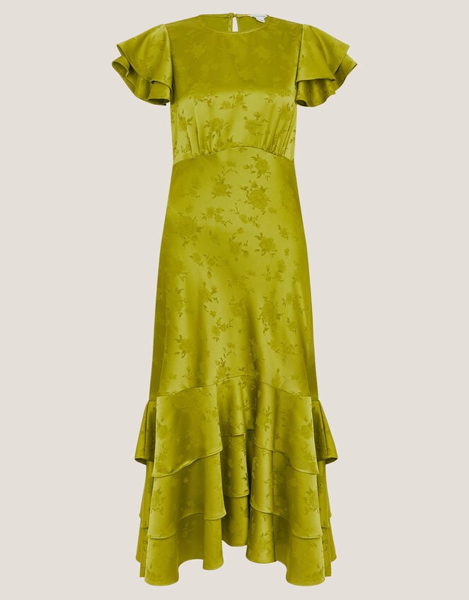 Ester Satin Ruffle Midi Dress, Green (OLIVE), large