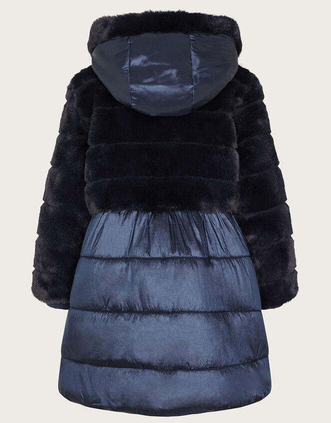 Faux Fur Padded Shine Coat, Blue (NAVY), large