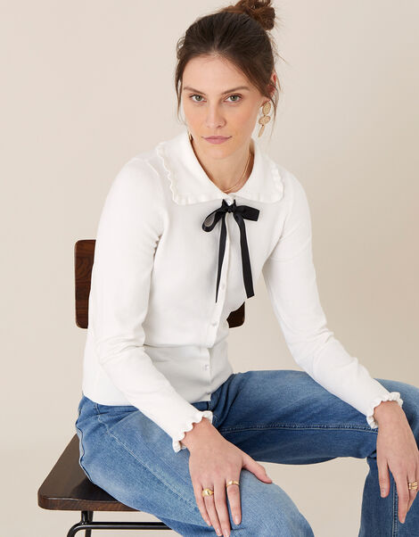 Ribbon Tie Frill Cardigan Ivory, Ivory (IVORY), large