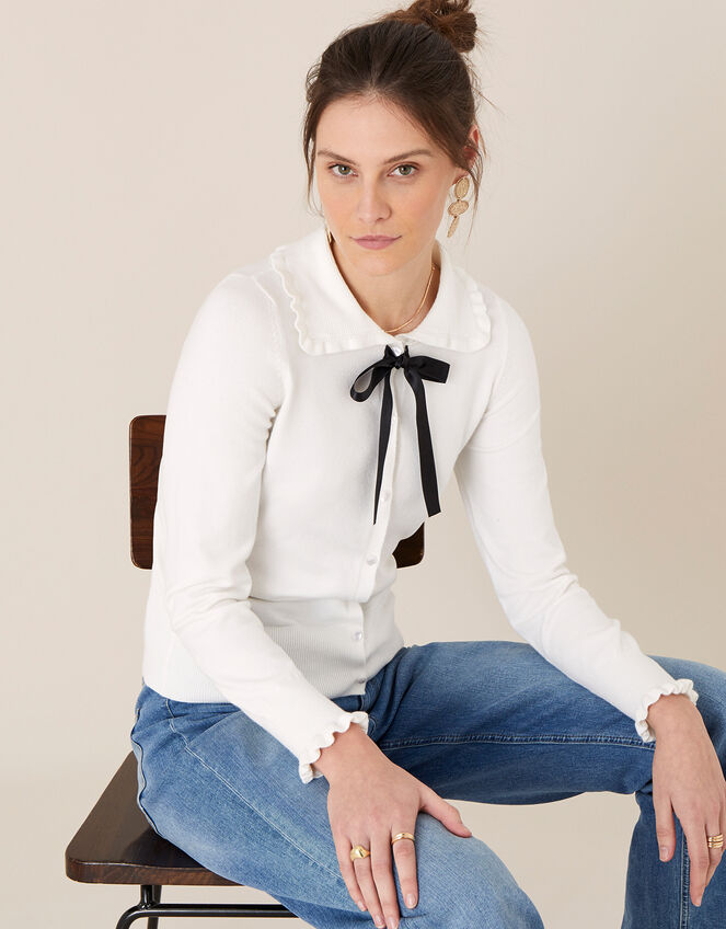 Ribbon Tie Frill Cardigan, Ivory (IVORY), large