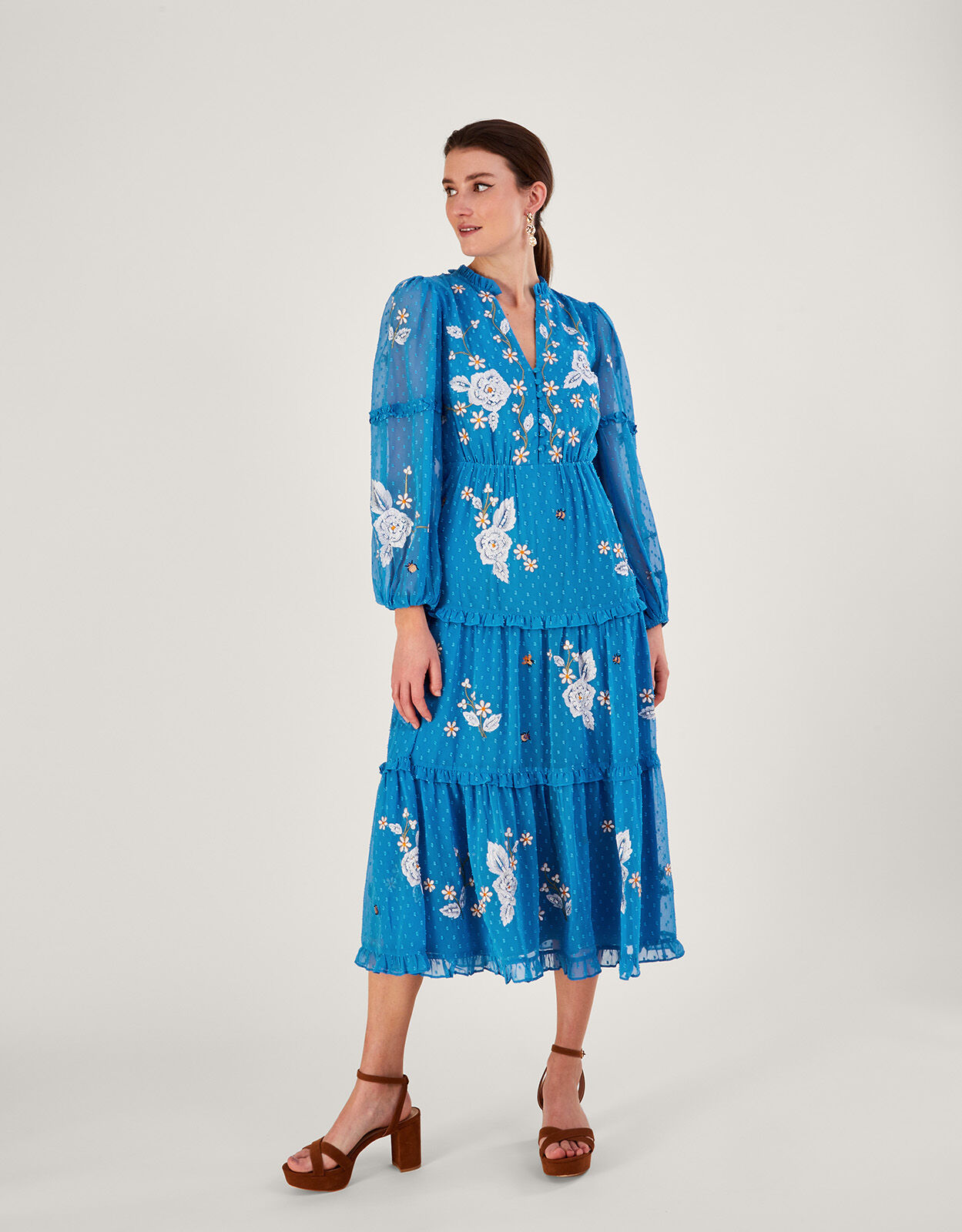Belle Tiered Dress in Recycled Polyester Blue Evening Dresses Monsoon Global