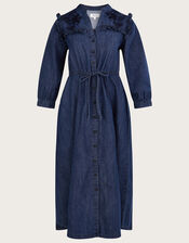 Denim Embellished Frill Yoke Maxi Dress, Blue (DENIM BLUE), large