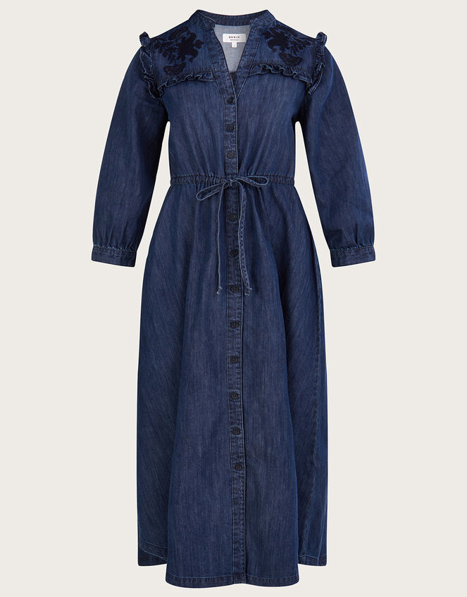 Denim Embellished Frill Yoke Maxi Dress, Blue (DENIM BLUE), large