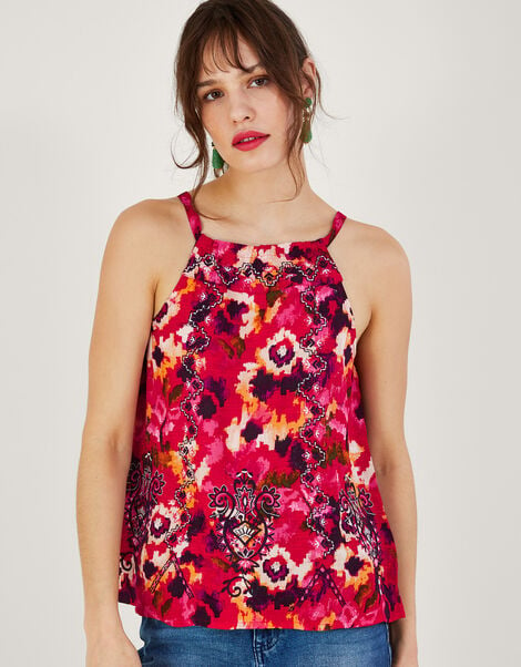 Embroidered Floral Print Cami Top in LENZING™ ECOVERO™, Red (RED), large