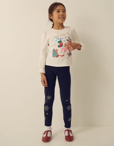 Embroidered Snowflake Leggings, Blue (NAVY), large