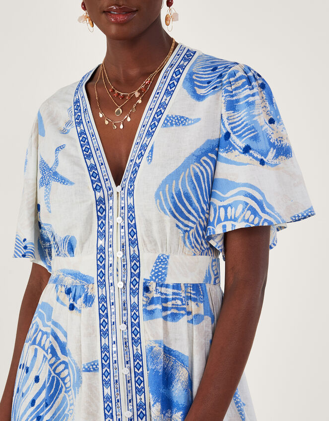 Shell Print Maxi Kaftan Dress in Linen Blend, Ivory (IVORY), large