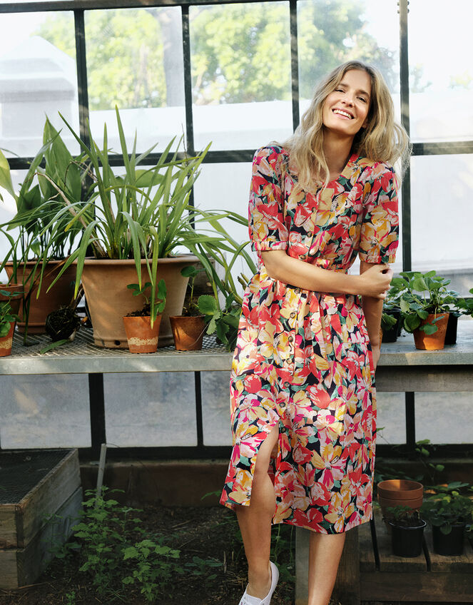 Verna Floral Midi Dress in Linen and Organic Cotton, Blue (NAVY), large
