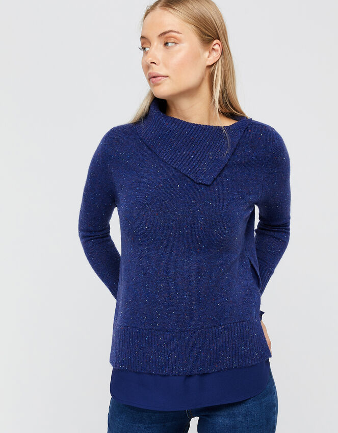 Perrie Nep Woven Hem Jumper, Blue (NAVY), large
