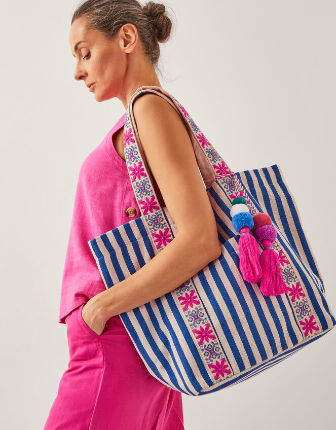 Dara Embroidered Stripe Beach Bag, , large