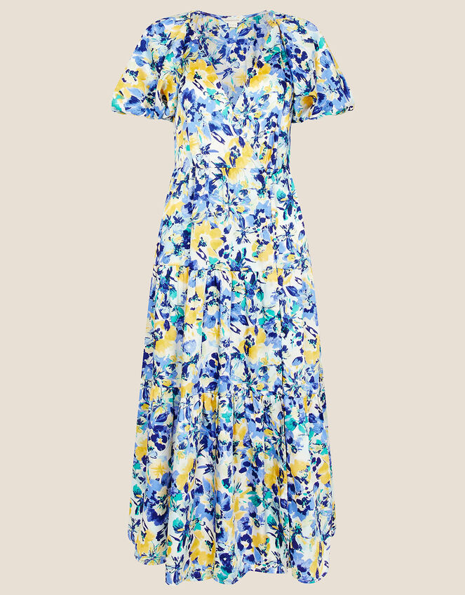 Floral Tiered Wrap Dress in Recycled Polyester, Blue (BLUE), large