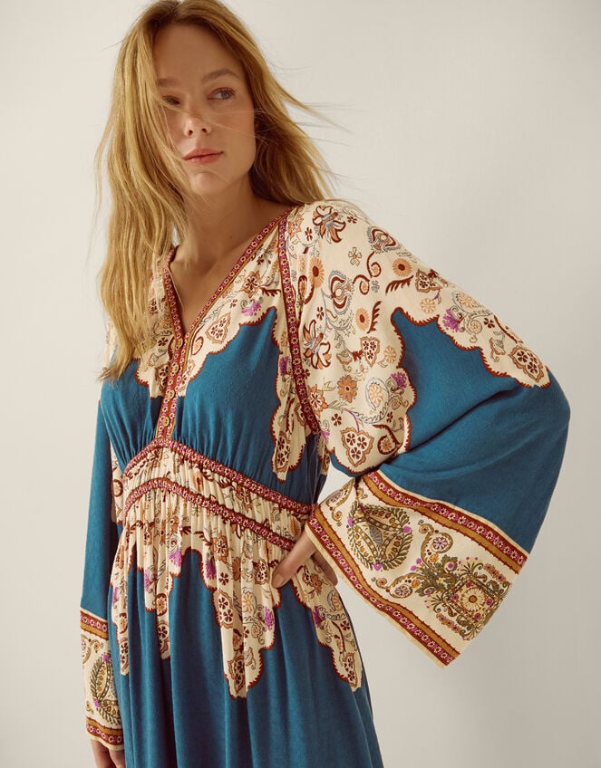 Alexandra Floral Print Boho Midi Dress, Teal (TEAL), large