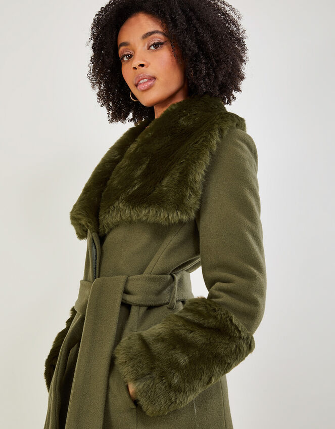 Sadie Faux Fur Trim Wrap Coat Green
