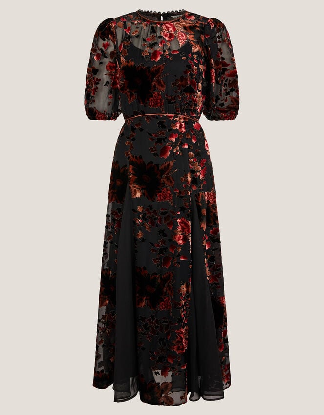 Carolyn Floral Devor&eacute; Midi Dress, Black (BLACK), large