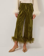 Olivia Feather Cuff Velvet Trousers, Green (OLIVE), large