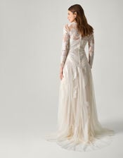 Milena Long Sleeve Floral Embroidered Mesh Wedding Dress, Ivory (IVORY), large