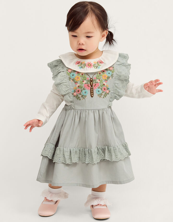 Baby Butterfly Embroidered Pinafore Dress & Top Set, Green (GREEN), large