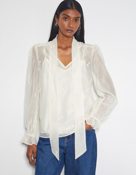 Mae Organza Pussybow Blouse, Ivory (IVORY), large