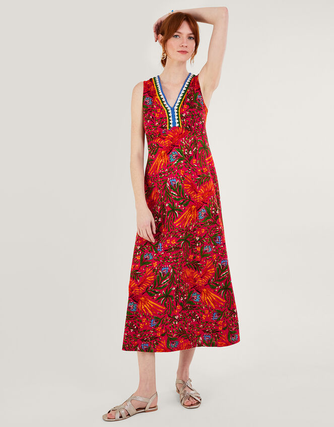 Leaf Print Crochet Trim Dress in Linen Blend, Red (RED), large