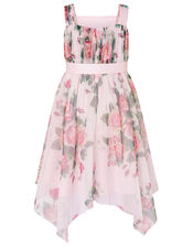 Rose Print Tulle Hanky Hem Dress , Pink (PINK), large