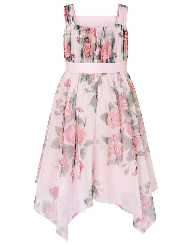 Rose Print Tulle Hanky Hem Dress , Pink (PINK), large