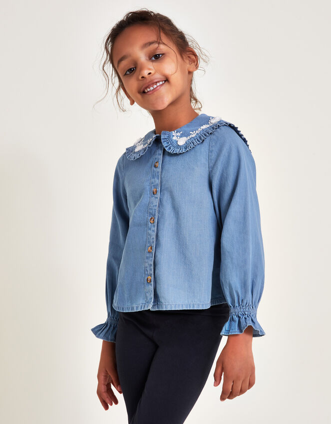 Chambray Collared Blouse, Blue (BLUE), large
