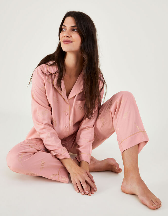 Foil Feather Print Pyjama Set in LENZING™ ECOVERO™ , Pink (PINK), large