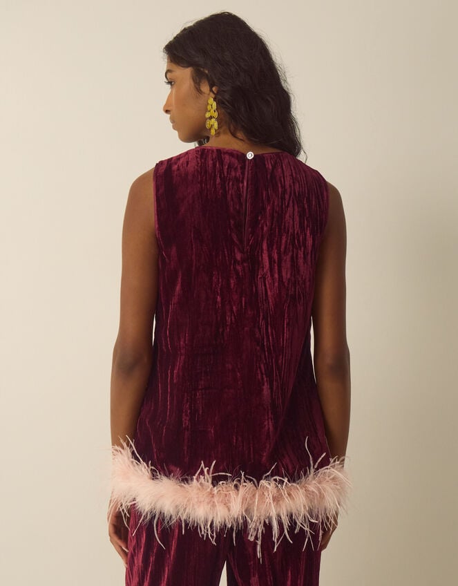 Emma Sleeveless Feather Crushed Velvet Top, Red (BURGUNDY), large