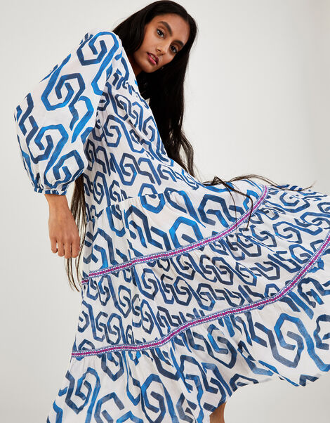 Geometric Print Kaftan Dress in Sustainable Cotton Blue, Blue (COBALT), large