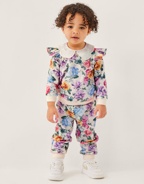 Baby Floral Collared Sweatshirt and Joggers Set, Ivory (IVORY), large