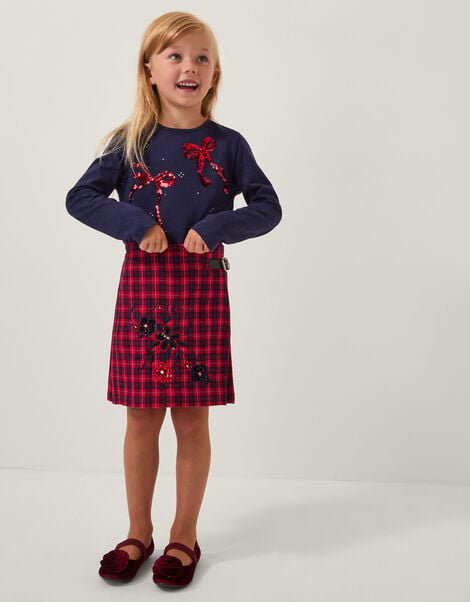 Floral Embroidered Tartan Kilt Skirt, Red (RED), large