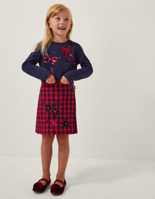 Floral Embroidered Tartan Kilt Skirt, Red (RED), large