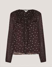 Mackie Sheer Polka Dot Ruffle Blouse, Brown (CHOCOLATE), large