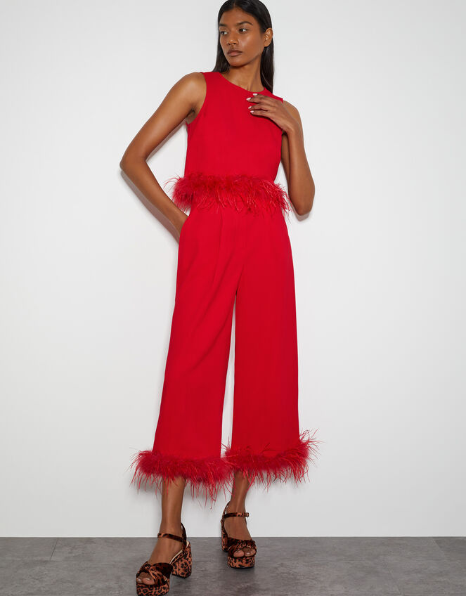 Monsoon x Sarah Corbett-Winder Feather Trim Crop Top, Red (RED), large